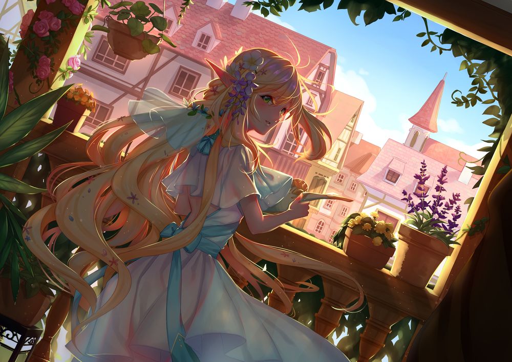 Обои для рабочего стола Elf girl / Эльфийка стоит вполоборота на балконе стеди растений в горшках с видом на городскую улицу, by Pixiv Fantasia