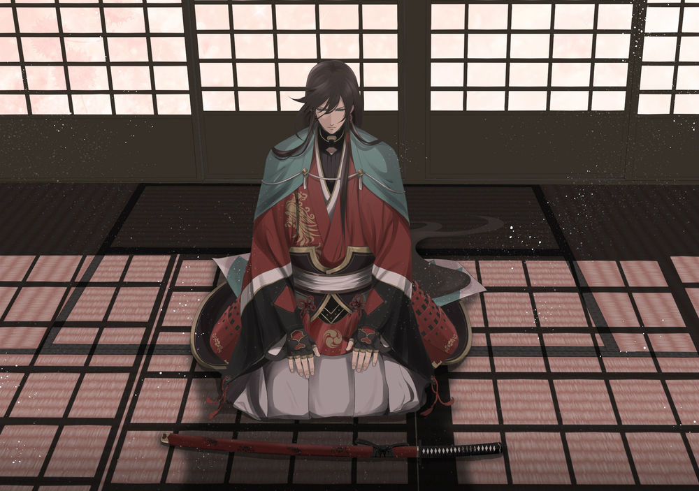 Обои для рабочего стола Парень в военной форме сидит на коленях перед катаной в пустой комнате, персонаж из игры и аниме Touken Ranbu / Танец мечей