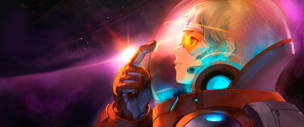 Обои для рабочего стола Девушка-Stargazer / Звездочет в скафандре в космосе, by asuka111