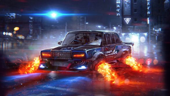 Обои на рабочий стол Футуристическая LADA-2107 на улице ночного города (Боевая Классика), by PAVEL BOND