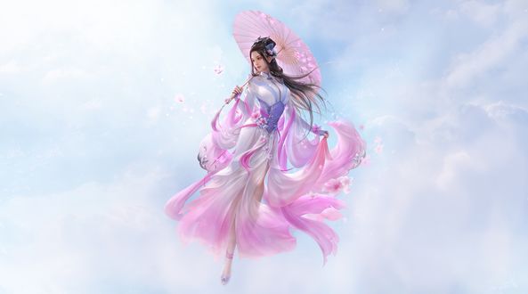 Обои на рабочий стол Китаянка с зонтиком парит в воздухе, by 3Q STUDIO
