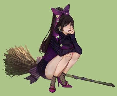 Обои на рабочий стол Девушка-ведьма сидит на корточках рядом с метлой, by MAHO