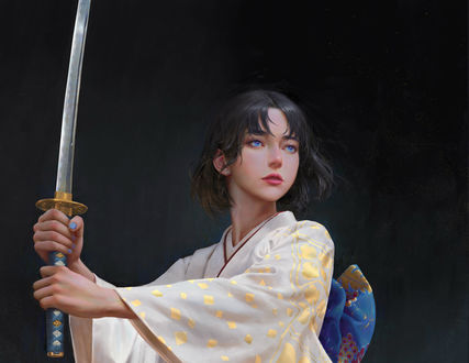 Обои на рабочий стол Девушка с катаной в руках, by Yuhong Ding