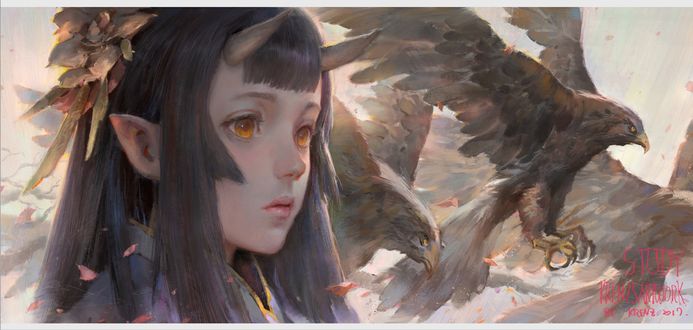 Обои на рабочий стол Девушка с рожками среди летящих орлов, by Krenz Cushart