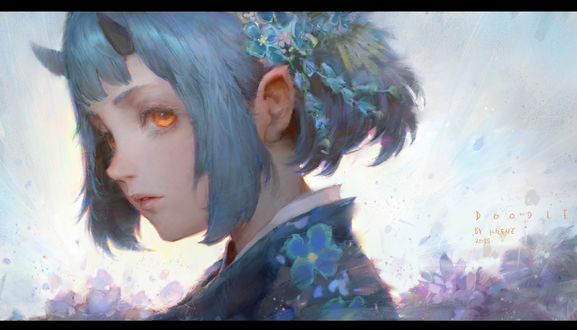 Обои на рабочий стол Девушка-демон с голубыми волосами, by Krenz Cushart