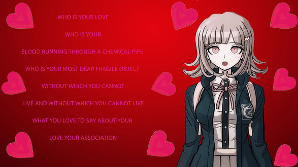 Обои на рабочий стол Чиаки Нанами / Сhiaki Nanami из аниме школа отчаяния / Danganronpa (Who is your love who is your blood running through a chemical pipe who is your most dear fragile object without which you cannot live and without which you cannot live what you love to say about your love your association)