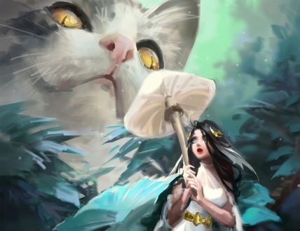 Обои на рабочий стол Девушка с грибом в руке стоит перед кошкой, by June Cheung