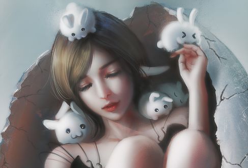 Обои на рабочий стол Девушка с кроликами, by Trung Bui