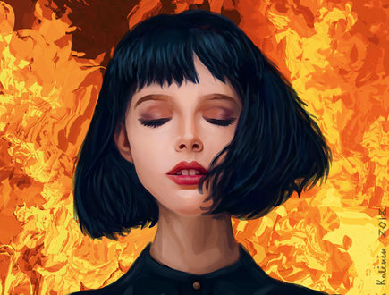 Обои на рабочий стол Девушка с черными волосами стоит на фоне огня, by Ivan Kalinin
