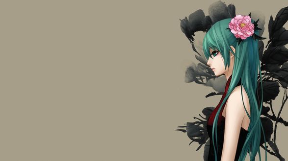 Обои на рабочий стол Vocaloid Miku Hatsune / Вокалоид Мику Хацунэ в профиль на сером фоне