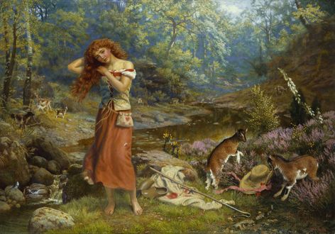 Обои на рабочий стол Рыжеволосая девушка в лесу. Художник Arthur Hughes