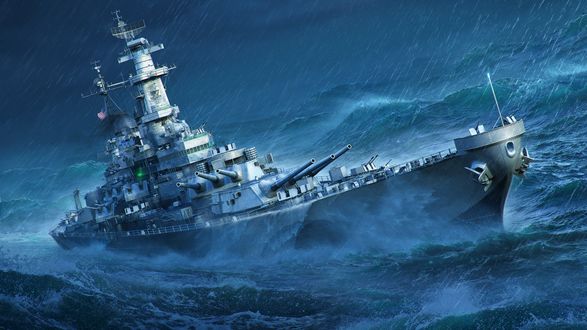 Обои на рабочий стол Линкор Missouri / Миссури в бушующем океане, арт к игре World of Warships / Мир Кораблей