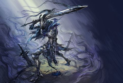 Обои на рабочий стол Рыцарь Artorias the Abysswalker / Арториас Путник Бездны с мечом, босс из DLC Artorias of the Abyss к игре Dark Souls / Темные души