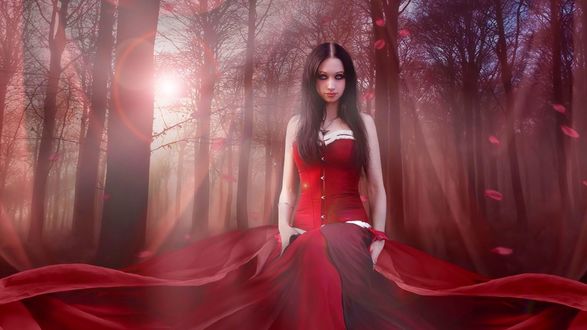 Обои на рабочий стол Девушка Amy Lee / Ли в красном платье стоит на фоне деревьев, автор Yura Kaprosh / Юра Капрош
