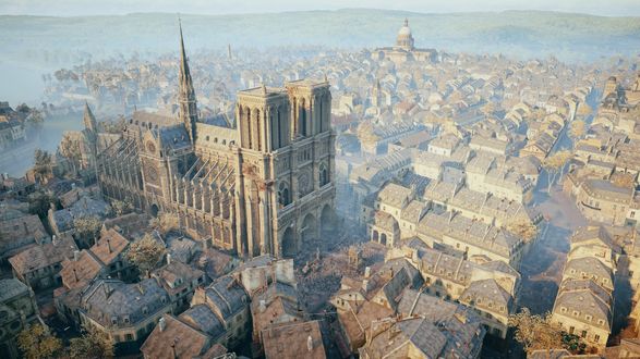 Обои на рабочий стол Вид сверху на Notre-Dame de Paris / собор Нотр-Дам в Париже, арт к игре Assassins Creed