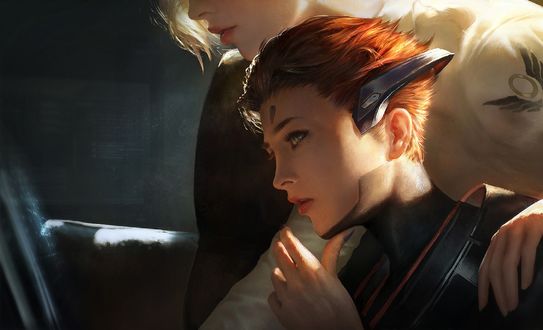 Обои на рабочий стол Рыжеволосая девушка-пилот Moira ODeorain / Мойра ОДеорен в скафандре сидит за монитором, by Chen Wang