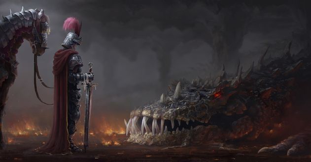 Обои на рабочий стол Red Knight / Красный Рыцарь стоит с боевым конем и смотрит на лежащего дракона, by Andrew Palyanov