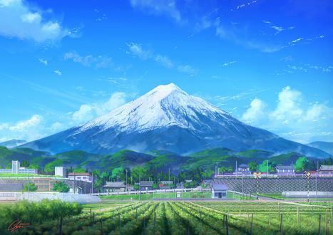 Обои на рабочий стол Вид на вулкан Фудзияма / Fujiyama в ясный летний день, Япония / Japan