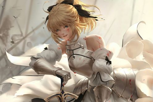 Обои на рабочий стол Сэйбер Лили / Сейбер Лилия / Saber Lily в крови на поле боя, персонаж компьютерных игр Fate / unlimited codes и Fate / Grand Order