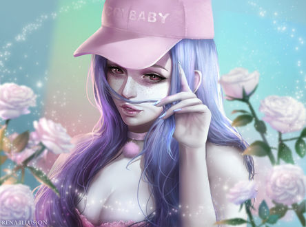 Обои на рабочий стол Девушка в розовой бейсболке с надписью (CRY BABY / ПЛАКСА) стоит среди роз, by Rena Illusion