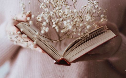 Обои на рабочий стол В руках девушки открытая книга м белыми цветочками
