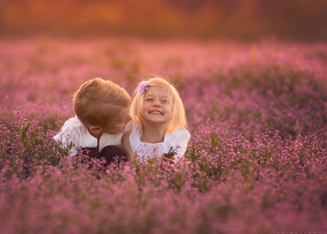 Обои на рабочий стол Мальчик и девочка на цветочном поле. Фотограф by Lisa Holloway