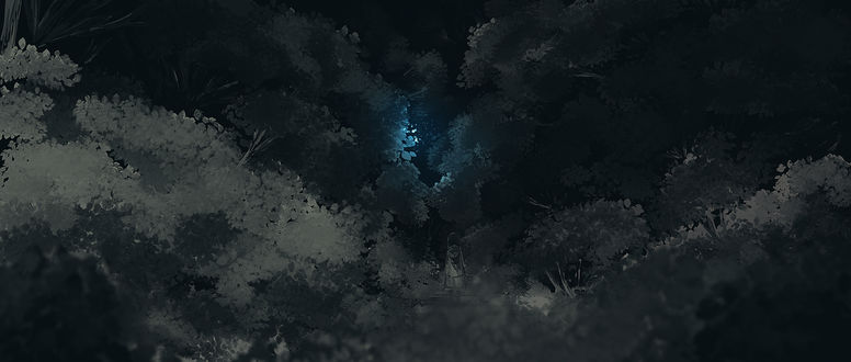 Обои на рабочий стол Девочка смотрит на свечение, проникающее сквозь листву деревьев ночного леса