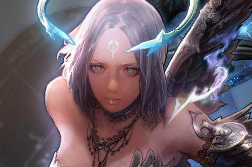 Обои на рабочий стол Девушка-воин Nisa / Ниса с магическим знаком во лбу, by Keunju Kim