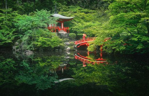 Обои на рабочий стол Пагода Daygo-ji и красный мосток у пруда в зеленом парке, Kyoto / Киото, Japan / Япония