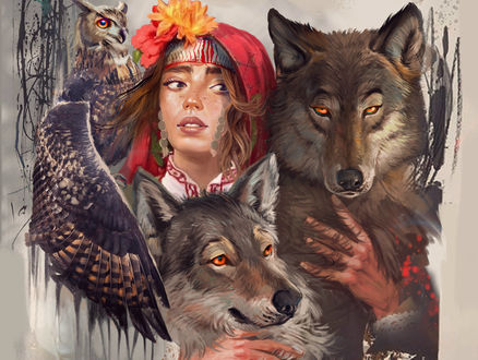 Обои на рабочий стол Девушка с цветами на голове, с совой и волками, by Kaloyan Stoyanov