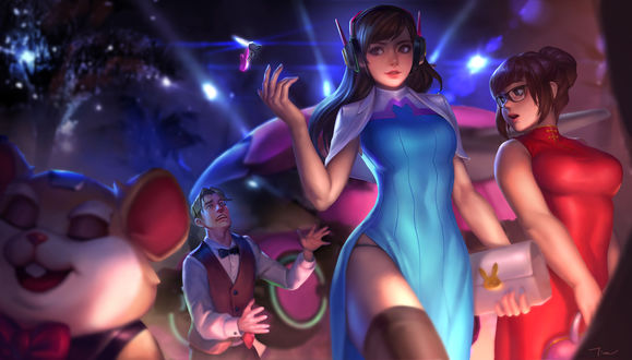 Обои на рабочий стол D. VA Hana Song / Ханна Сон и Me Ling Zhoui / Мэй Лин Чжоу из игры Overwatch / Дозор, by Tina Wei
