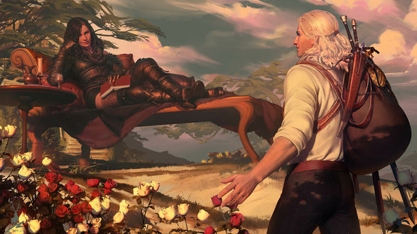 Обои на рабочий стол Yennefer of Vengerberg / Йеннифер из Венгерберга и Геральд / Gerald, из игры Witcher 3 / Ведьмак 3, by Feihong Chen