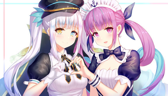 Обои на рабочий стол Виртуальные ютуберы Kagura Mea (Kagura Mea Channel) и Minato Aqua (Hololive), art by Aaeru