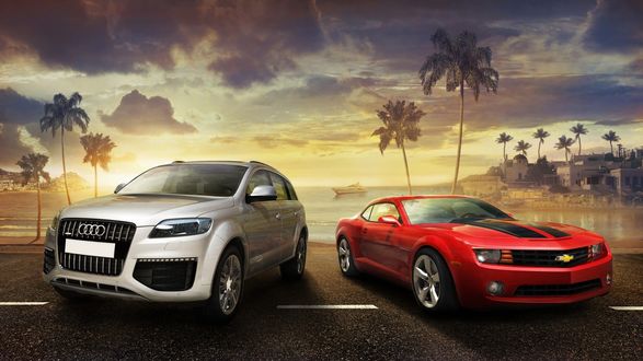 Обои на рабочий стол Серебристый Audi Q7 и красный Chevrolet Camaro на фоне восточного города у моря, из игры Test Drive Unlimited 2
