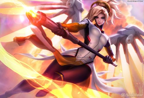Обои на рабочий стол Mercy / Ангел / Ангела Циглер из игры Overwatch / Дозор, by Michelle Hoefener