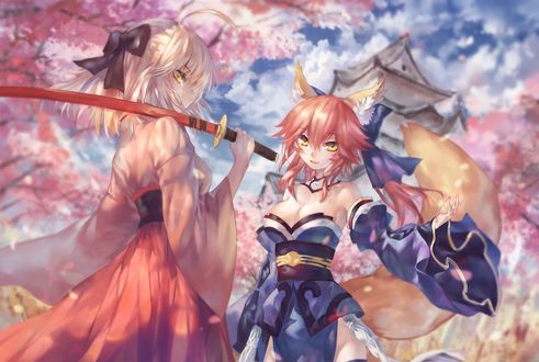 Обои на рабочий стол Tamamo no Mae & Saber Lily / Тамамо но Маэ и Сэйбер Лили персонажи из серии игр Fate: Extra & Fate: Grand Order, art by azomo