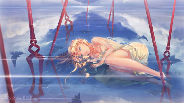 Обои на рабочий стол Soryu Asuka Langley / Аска Лэнгли Сорью лежит на поверхности воды, в воду воткнуты Копья Лонгиния, персонаж из аниме и манги Neon Genesis Evangelion / Евангелион, art by SOS