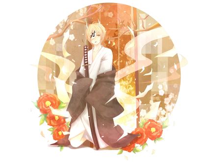 Обои на рабочий стол Takashi Natsume / Такаши Нацумэ с катаной стоит на коленях среди алых камелий из аниме Natsune Yuujinchou / Тетрадь друзей Нацумэ