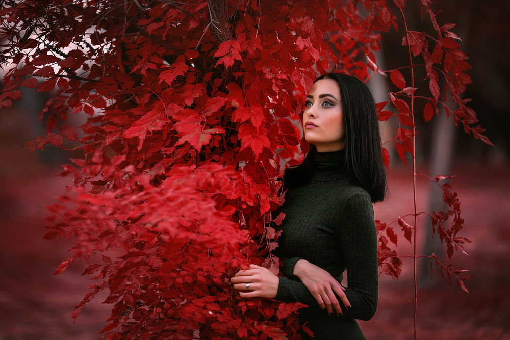 Обои для рабочего стола Девушка стоит у осеннего дерева, by Arif AtlД±