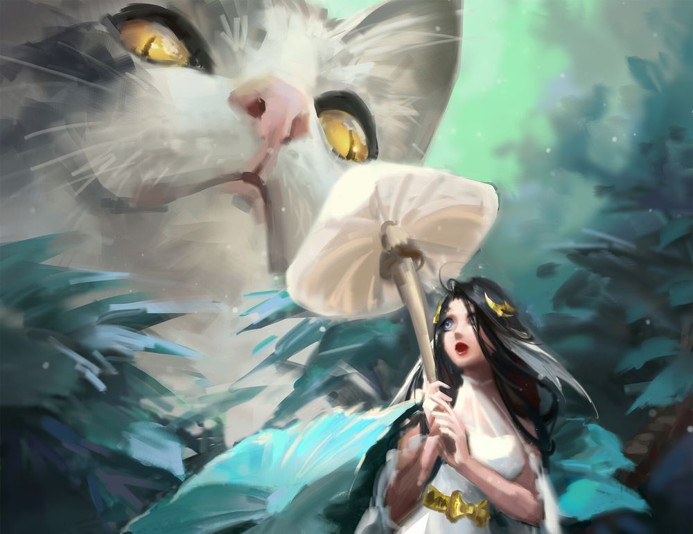 Обои для рабочего стола Девушка с грибом в руке стоит перед кошкой, by June Cheung