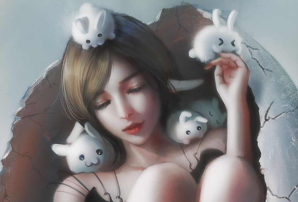 Обои для рабочего стола Девушка с кроликами, by Trung Bui