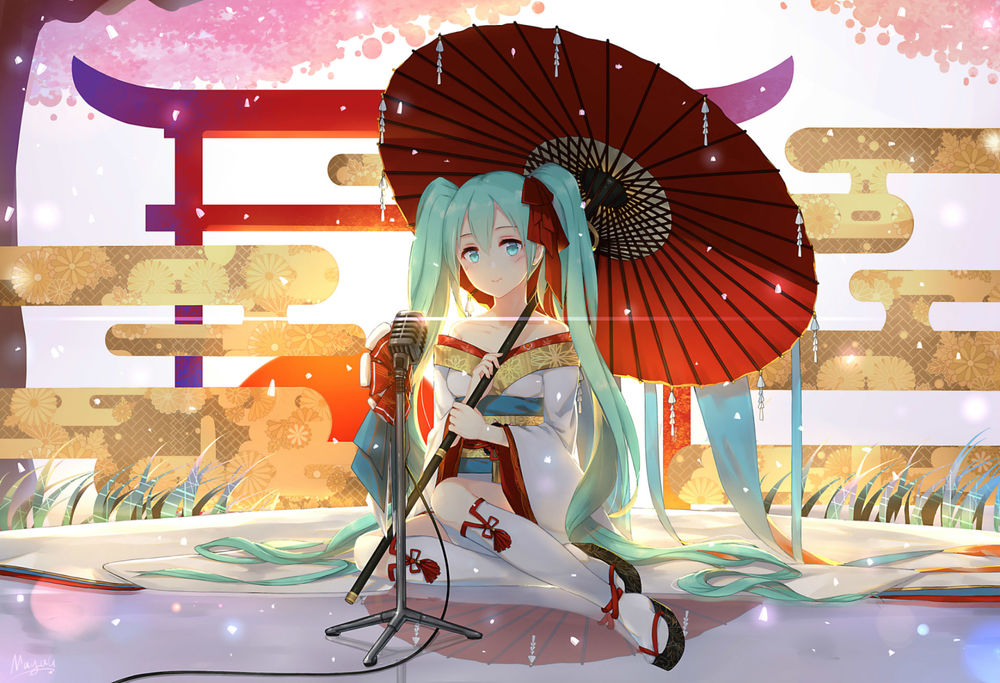 Обои для рабочего стола Vocaloid Hatsune Miku / Вокалоид Хатсуне Мику в кимоно с красным зонтом сидит на фоне ворот торий