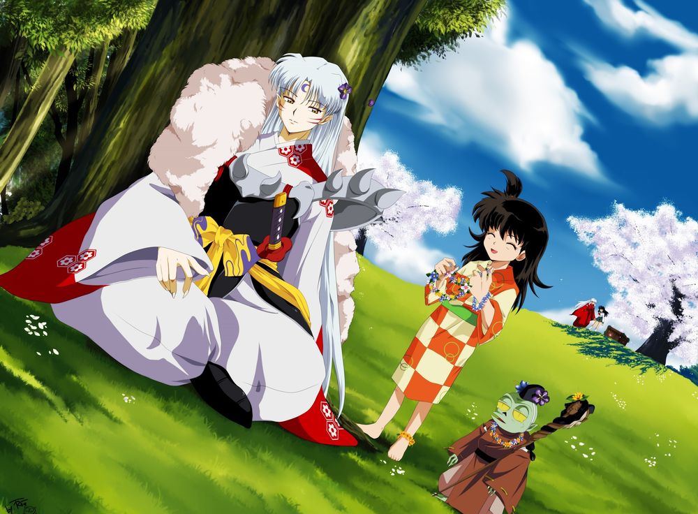 Обои для рабочего стола Демон Sesshomaru / Сесшомару сидит под деревом рядом Rin и Jaken с посохом из аниме InuYasha / Инуяша