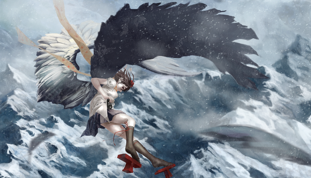 Обои для рабочего стола Aya Shameimaru с фотоаппаратом в руке парит в небе из игры Touhou Project / Проект Восток