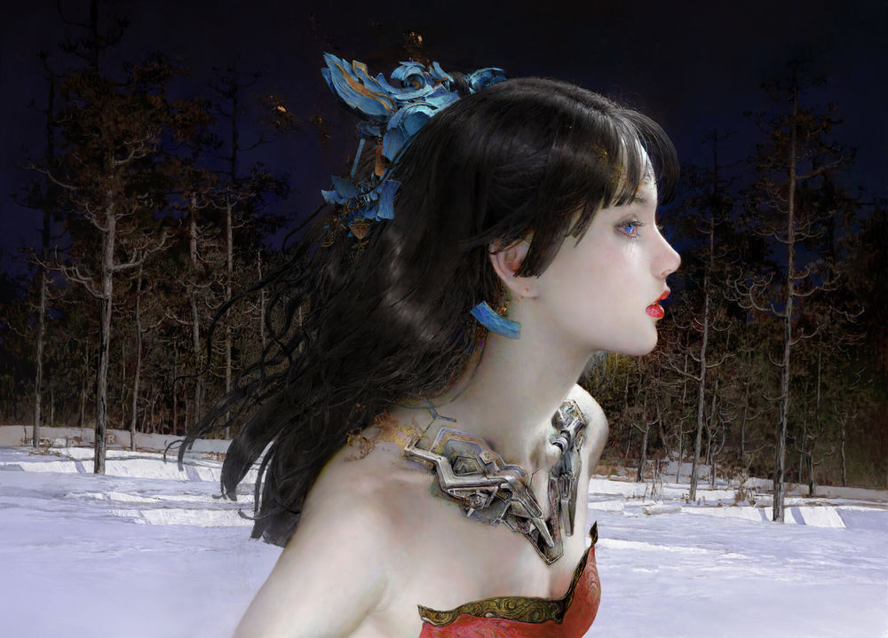 Обои для рабочего стола Девушка с синими глазами стоит на фоне леса зимой, by Ruan Jia