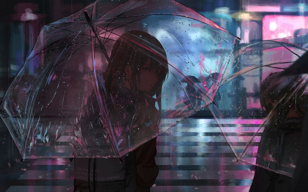 Обои для рабочего стола Девочка с зонтом стоит под дождем, by Fan Zhen