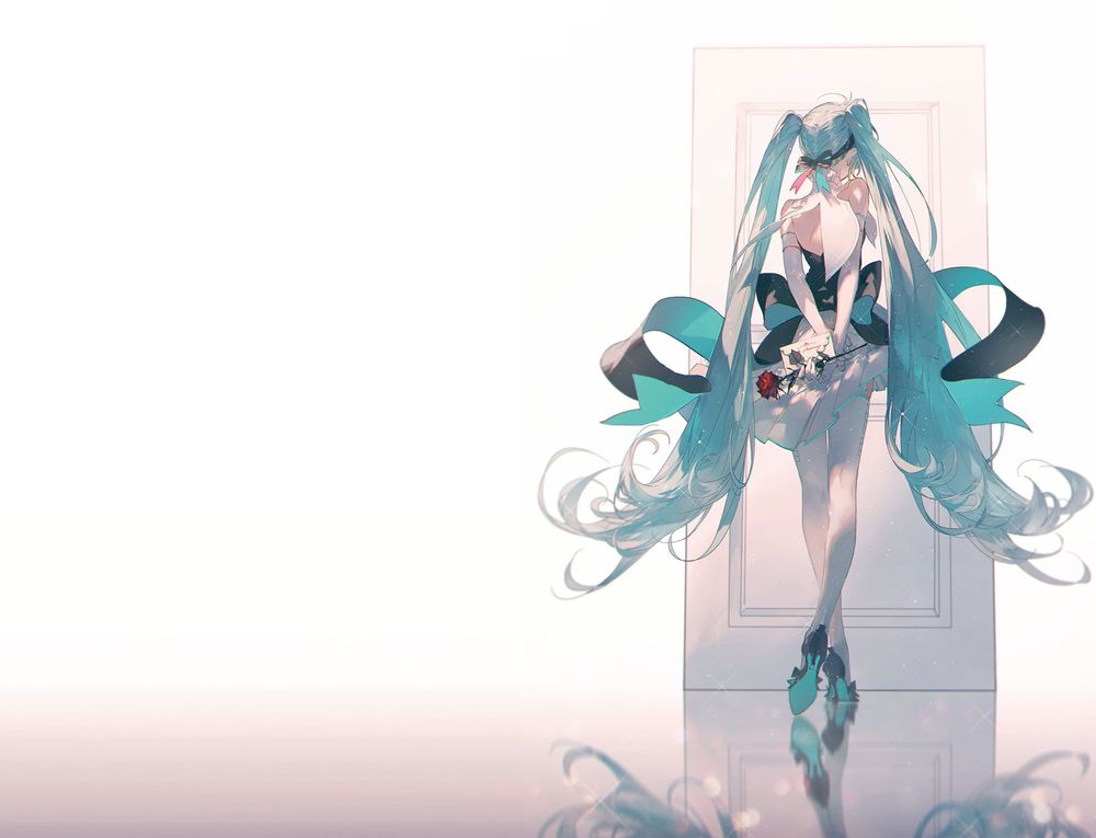 Обои для рабочего стола Vocaloid Hatsune Miku / вокалоид Хатсуне Мику с розой в руках стоит спиной перед дверью