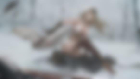 Обои для рабочего стола Девушка-воин над поверженном рыцарем в зимнем лесу, by Yi