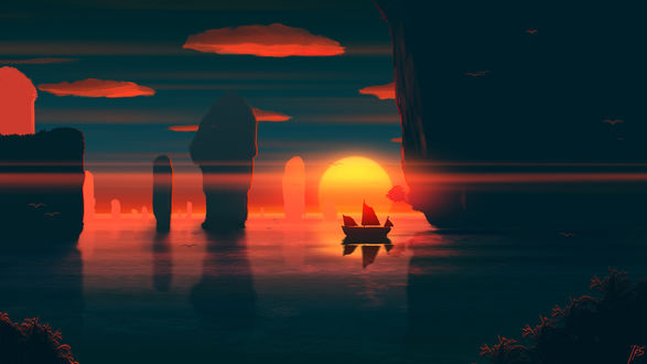 Обои на рабочий стол Парусник на фоне заката, by JoeyJazz