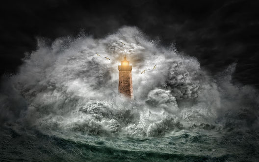 Обои на рабочий стол Маяк в бурных морских водах, by Nasser Osman